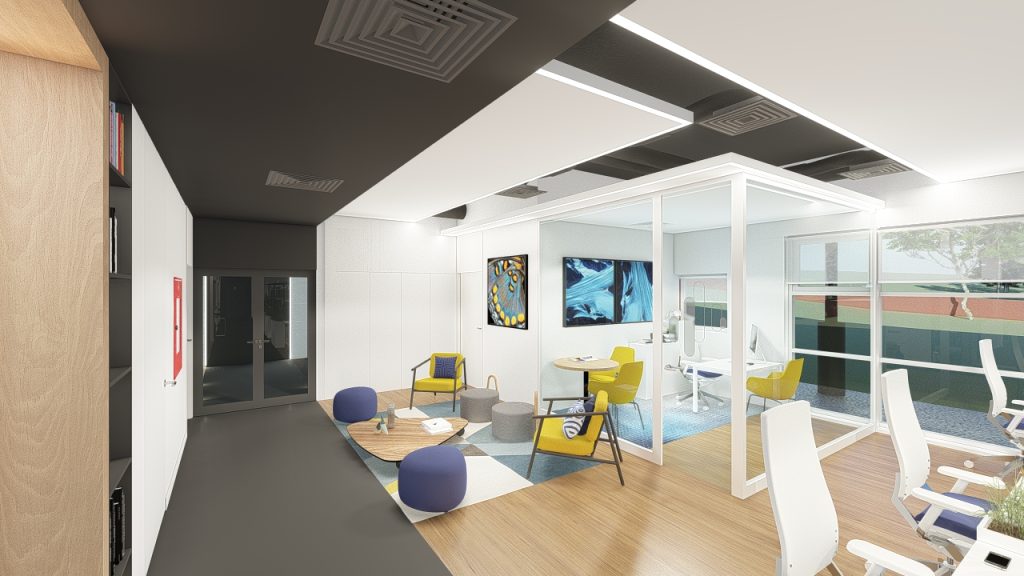 Imagem tridimensional apresentando o Área lounge e entrada principal no projeto Q35 Nordea P0, localizado em Oeiras, Portugal.