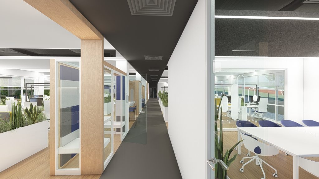 Imagem tridimensional apresentando o Open Space, postos de trabalho no projeto Q35 Nordea P0, localizado em Oeiras, Portugal.
