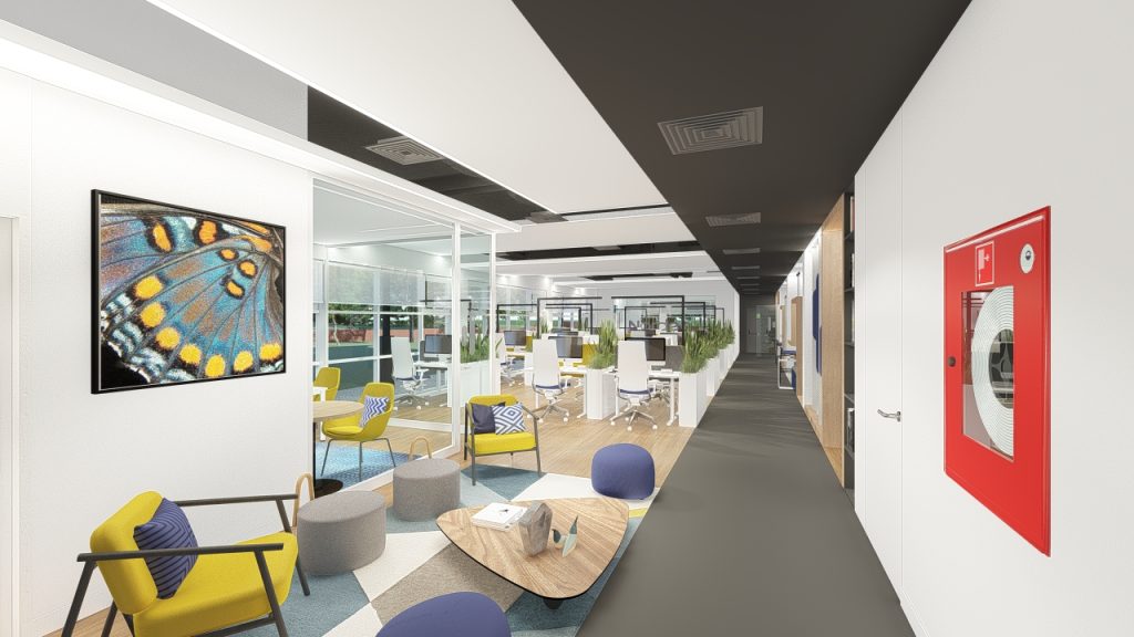 Imagem tridimensional apresentando o Open Space, entrada para a copa no projeto Q35 Nordea P0, localizado em Oeiras, Portugal.
