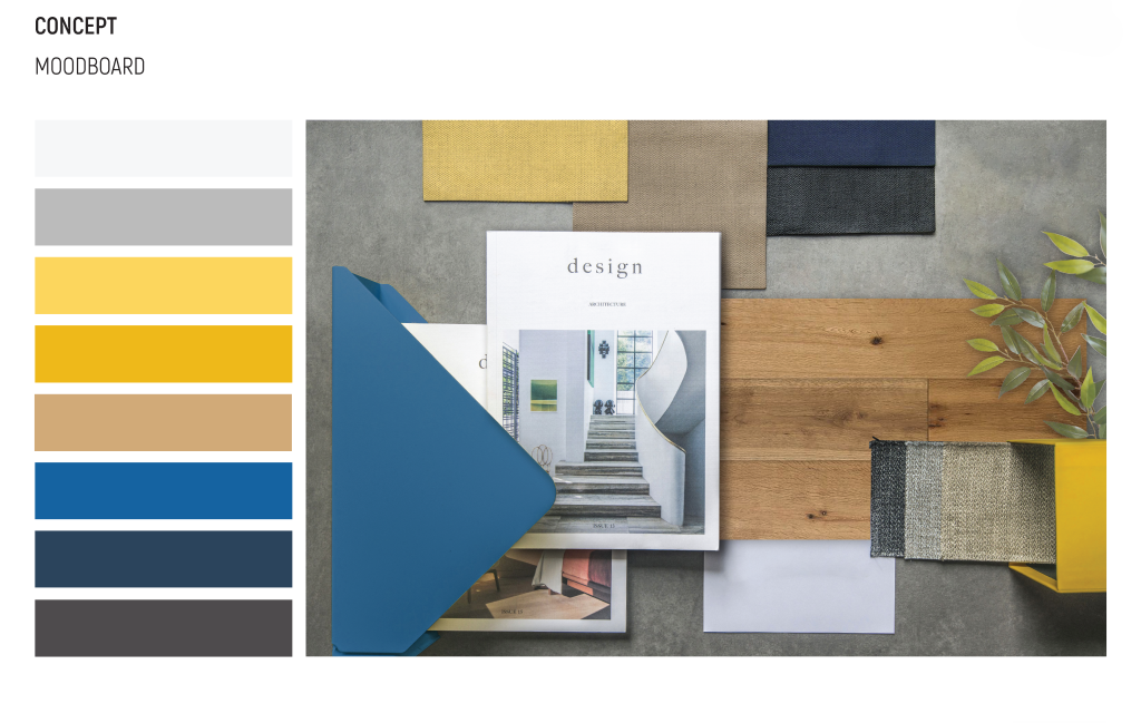 Diagrama apresentando o Moodboard e paleta de cores no projeto Q35 Nordea P0, localizado em Oeiras, Portugal.