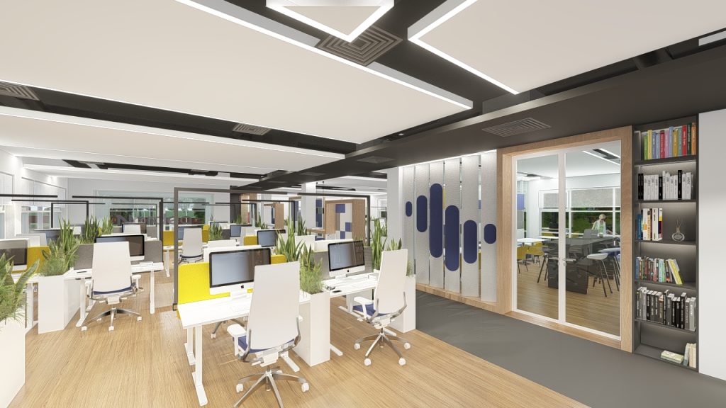 Imagem tridimensional apresentando o Phonebooth e balcão de trabalho no projeto Q35 Nordea P0, localizado em Oeiras, Portugal.