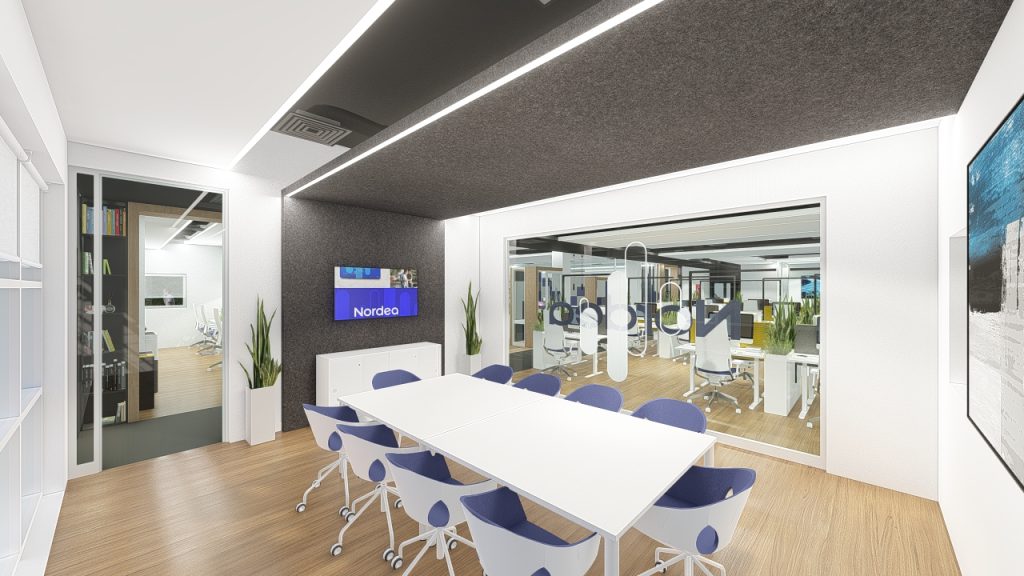 Imagem tridimensional apresentando o Área lounge e entrada para gabinete no projeto Q35 Nordea P0, localizado em Oeiras, Portugal.