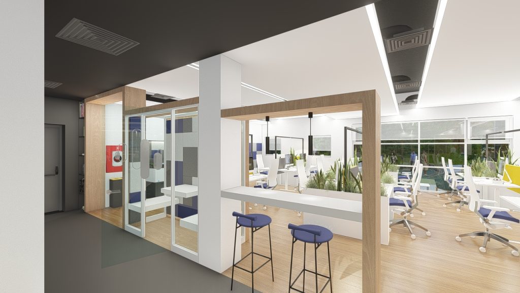 Imagem tridimensional apresentando o Circulação central de acesso no projeto Q35 Nordea P0, localizado em Oeiras, Portugal.