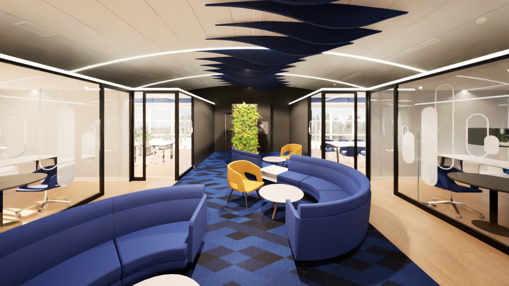 Imagem tridimensional apresentando o Área de circulação e lounge no projeto Q35 Nordea P1, localizado em Oeiras, Portugal.