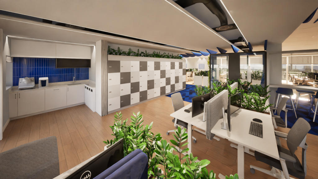Imagem tridimensional apresentando o Copa de cacifos no projeto Q35 Nordea P1, localizado em Oeiras, Portugal.