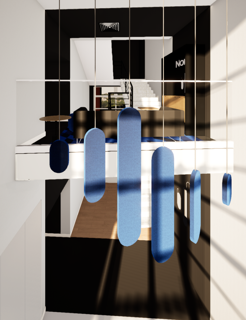 Imagem tridimensional apresentando o Detalhe gráfico e acústico na entrada principal no projeto Q35 Nordea P1, localizado em Oeiras, Portugal.