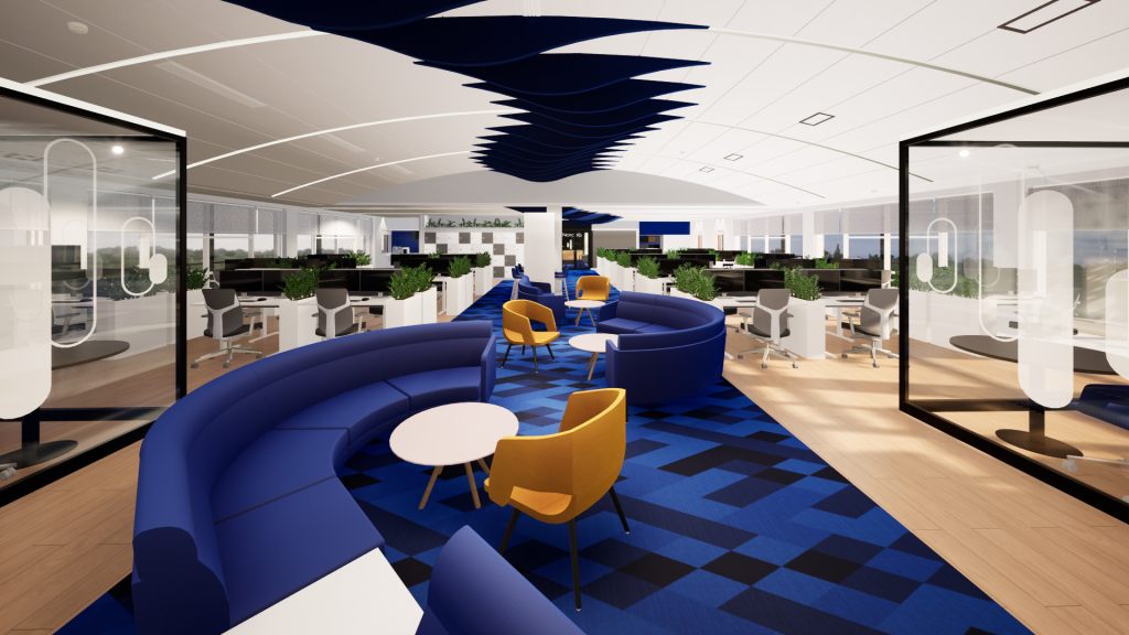 Imagem tridimensional apresentando o Lounge central e painéis acústicos curvos no projeto Q35 Nordea P1, localizado em Oeiras, Portugal.
