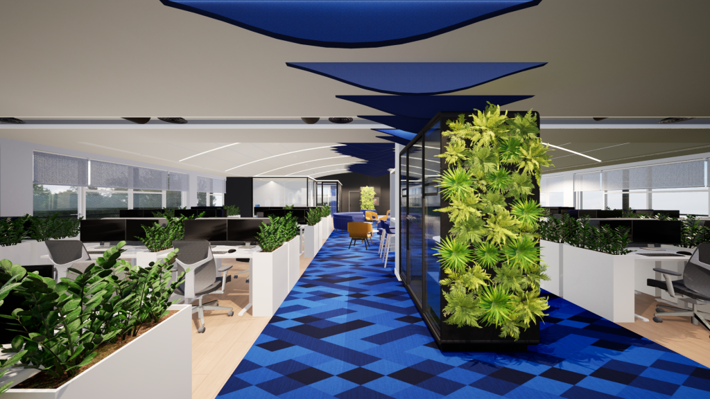 Imagem tridimensional apresentando o Phonebooth e jardim vertical no projeto Q35 Nordea P1, localizado em Oeiras, Portugal.