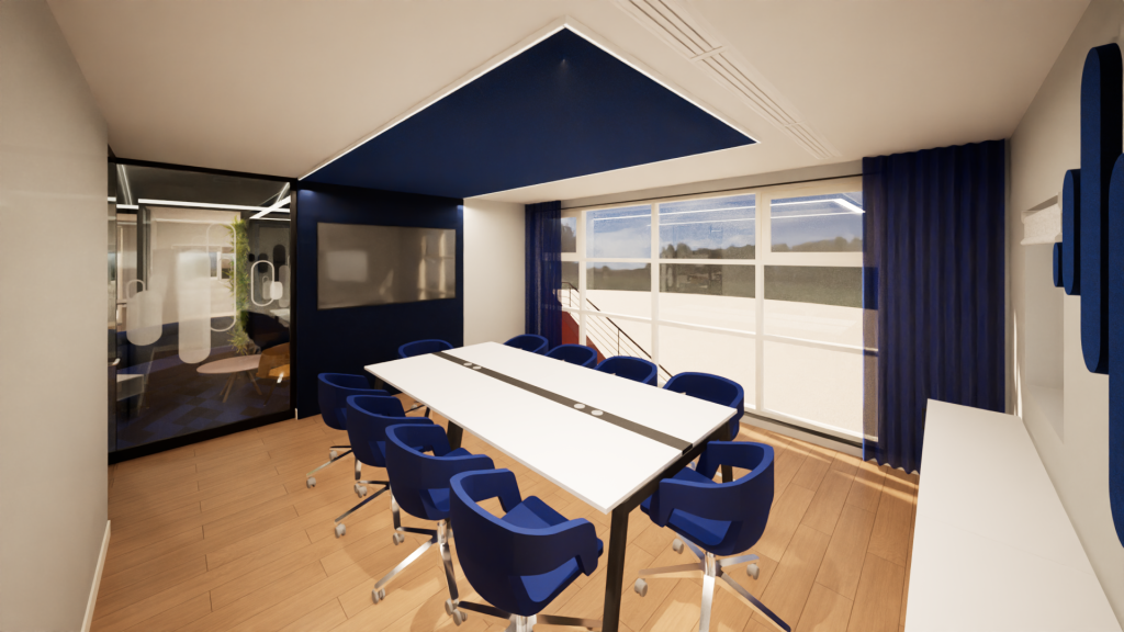 Imagem tridimensional apresentando o Sala de reunião no projeto Q35 Nordea P1, localizado em Oeiras, Portugal.