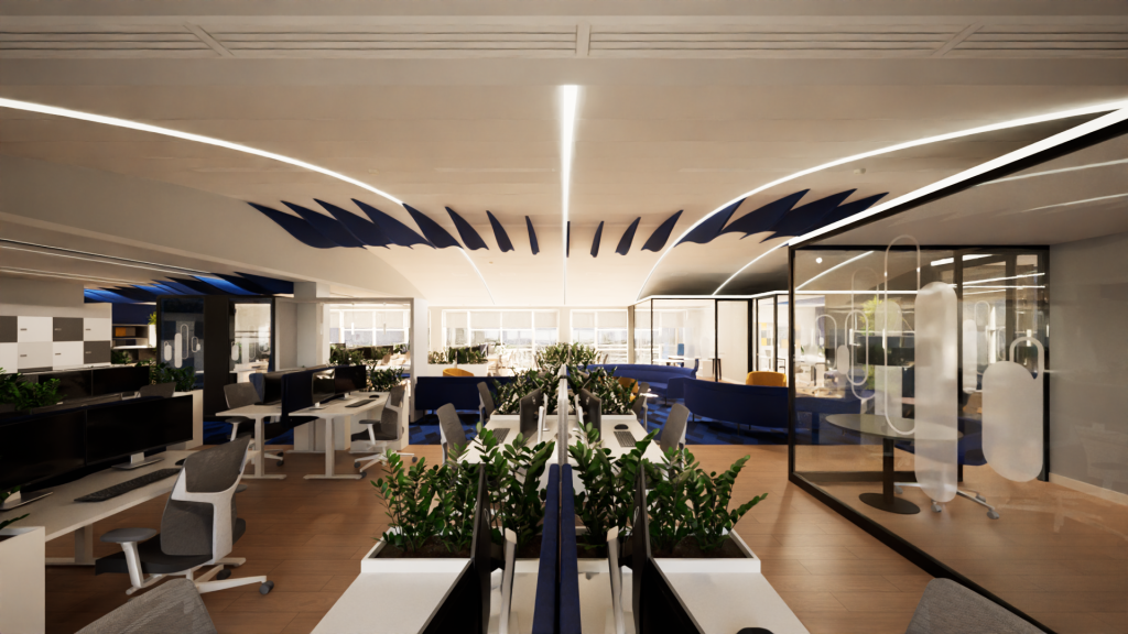 Imagem tridimensional apresentando o Open Space e postos de trabalho no projeto Q35 Nordea P1, localizado em Oeiras, Portugal.