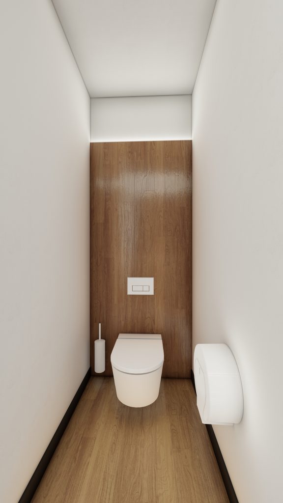 Imagem tridimensional apresentando o conceito de Cabine de wc no projeto Lobby Q43, localizado em Oeiras, Portugal.