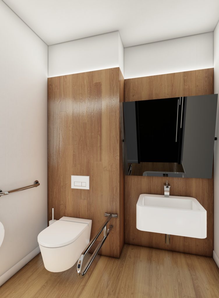 Imagem tridimensional apresentando o conceito de Cabine acessível no projeto Lobby Q43, localizado em Oeiras, Portugal.