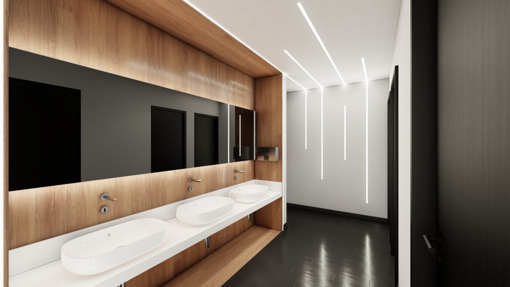 Imagem tridimensional apresentando o conceito de Wc feminino, lavatórios no projeto Lobby Q43, localizado em Oeiras, Portugal.