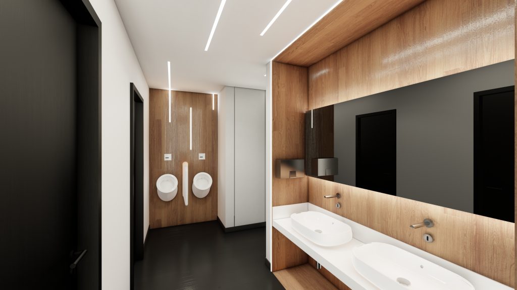 Imagem tridimensional apresentando o conceito de Wc masculino, lavatórios e urinóis no projeto Lobby Q43, localizado em Oeiras, Portugal.