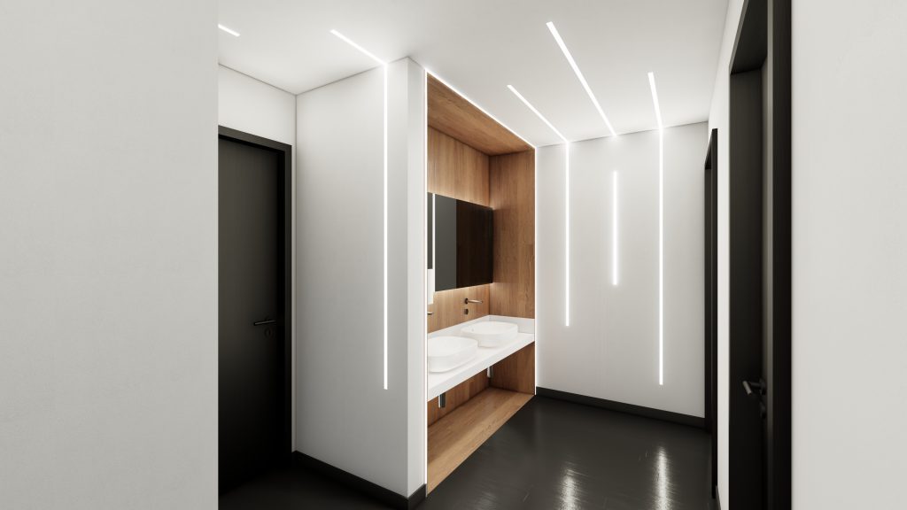 Imagem tridimensional apresentando o conceito de Wc masculino, lavatórios no projeto Lobby Q43, localizado em Oeiras, Portugal.