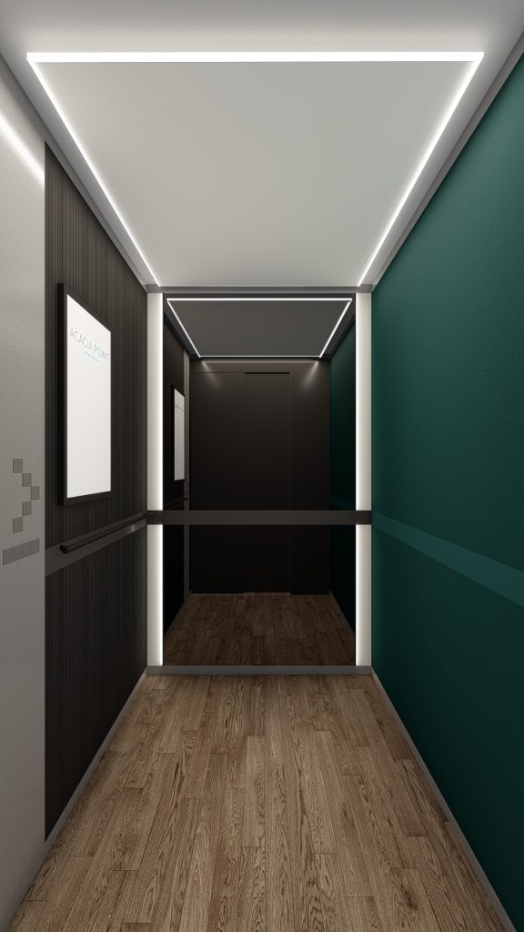 Imagem tridimensional apresentando o conceito de vista interna dos elevadores no projeto Lobby Q43, localizado em Oeiras, Portugal.