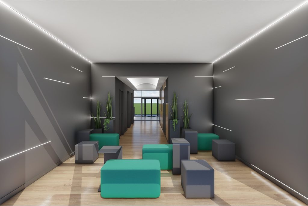 Imagem tridimensional apresentando o conceito de Área lounge, entrada posterior no projeto Lobby Q43, localizado em Oeiras, Portugal.
