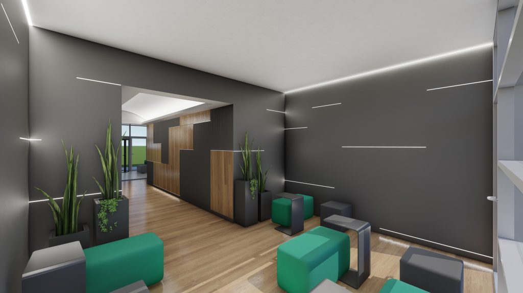 Imagem tridimensional apresentando o conceito de Área lounge, corredor dos elevadores no projeto Lobby Q43, localizado em Oeiras, Portugal.