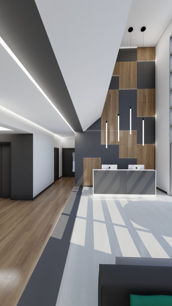 Imagem tridimensional apresentando o conceito de Entrada principal, balcão de recepção no projeto Lobby Q43, localizado em Oeiras, Portugal.