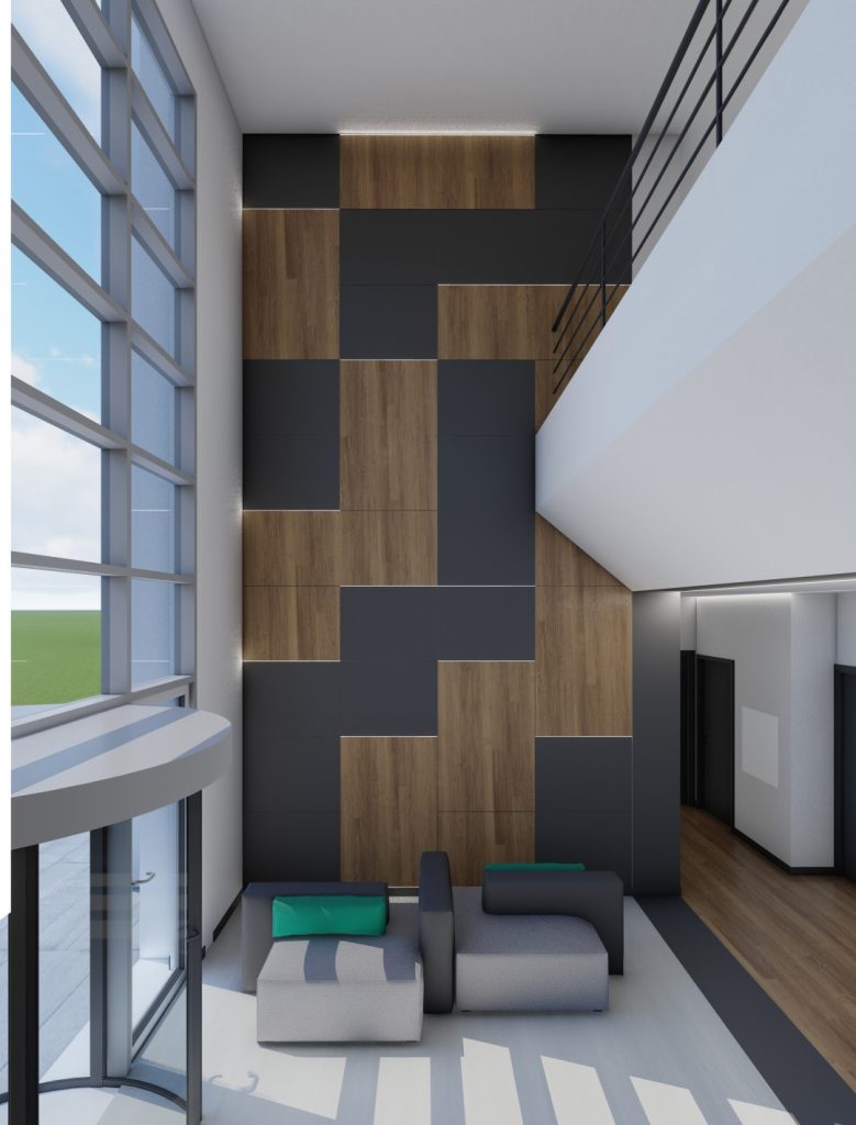 Imagem tridimensional apresentando o conceito de Área de espera no projeto Lobby Q43, localizado em Oeiras, Portugal.