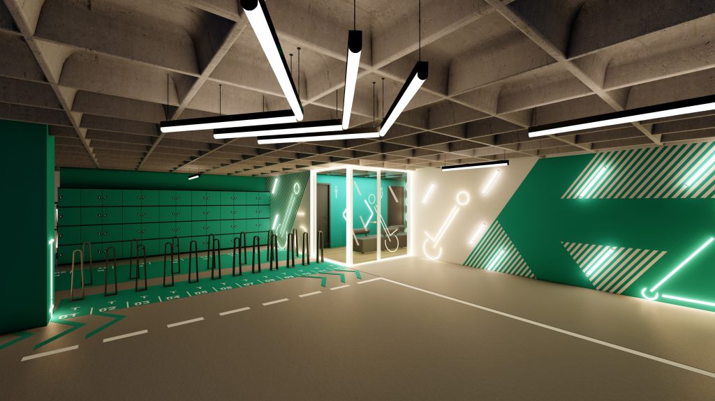 Imagem tridimensional apresentando o conceito de Área estacionamento para trotinetes e cacifos no projeto Lobby Q43, localizado em Oeiras, Portugal.