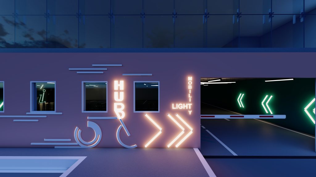 Imagem tridimensional apresentando o conceito de Entrada para o Hub e estacionamento no projeto Lobby Q43, localizado em Oeiras, Portugal.
