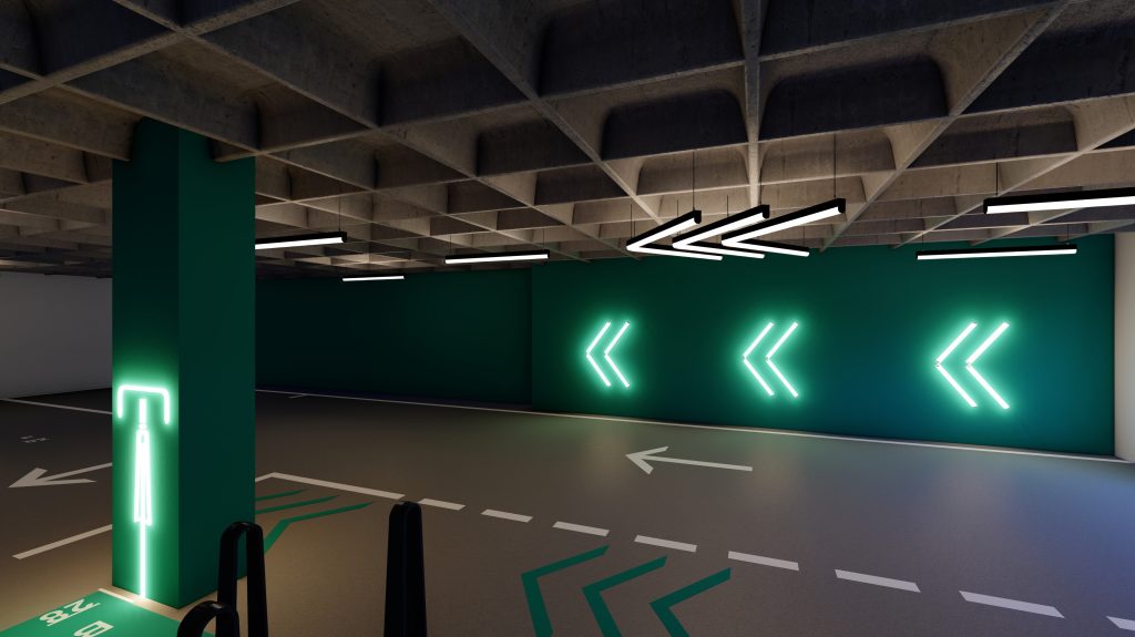 Imagem tridimensional apresentando o conceito de Entrada para o Hub e estacionamento no projeto Lobby Q43, localizado em Oeiras, Portugal.