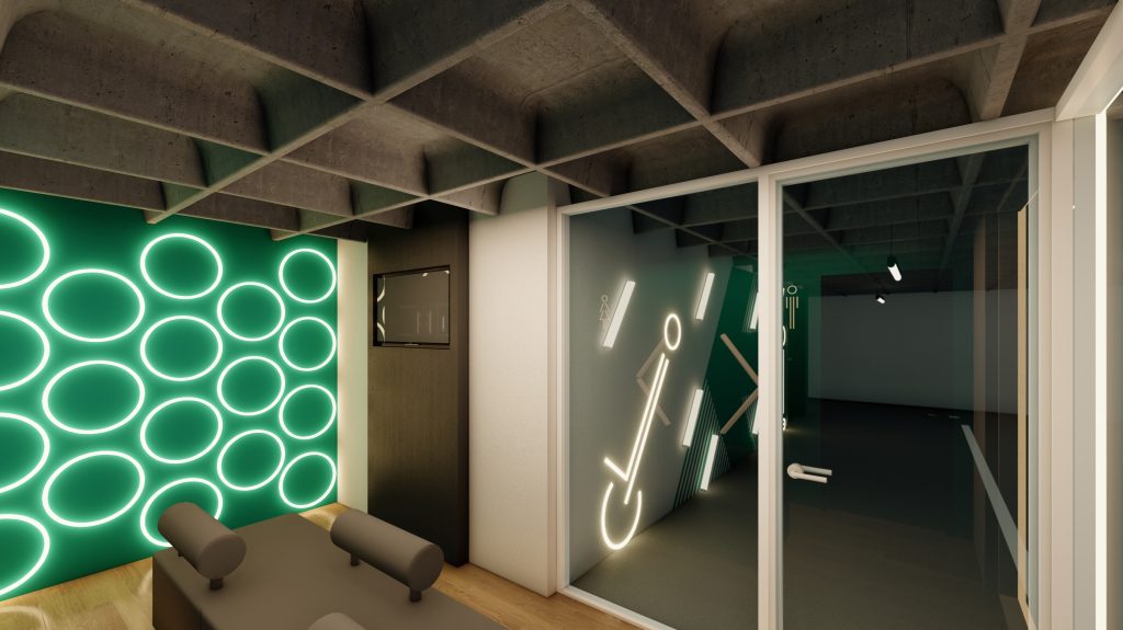 Imagem tridimensional apresentando o conceito de Área lounge no projeto Lobby Q43, localizado em Oeiras, Portugal.