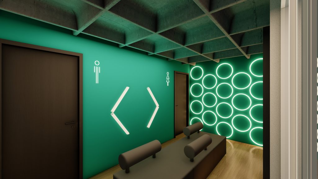 Imagem tridimensional apresentando o conceito de Área lounge e wcs no projeto Lobby Q43, localizado em Oeiras, Portugal.