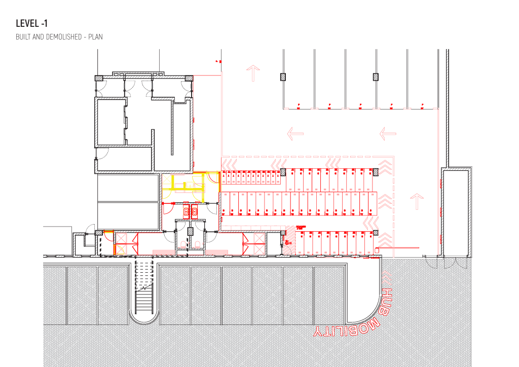 Planta apresentando o conceito de Alterações do hub mobility no projeto Lobby Q43, localizado em Oeiras, Portugal.