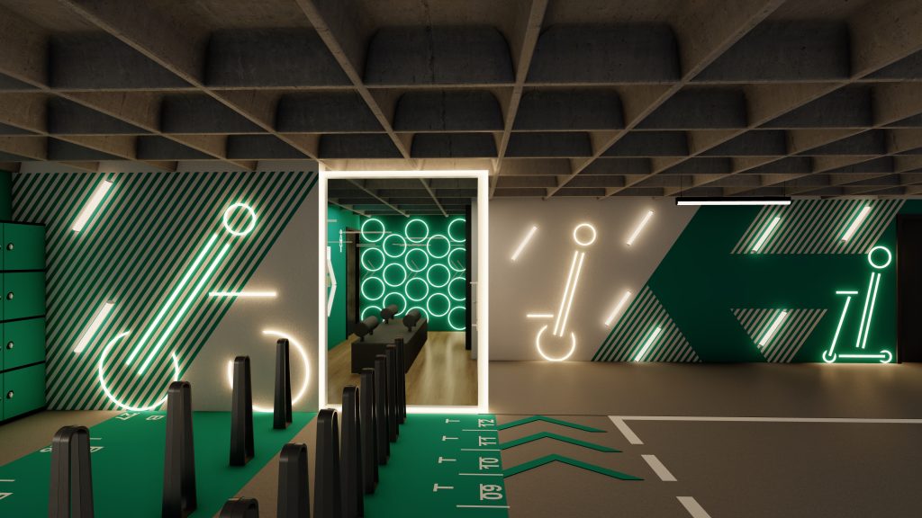Imagem tridimensional apresentando o conceito de Detalhes gráficos de design e iluminação no projeto Lobby Q43, localizado em Oeiras, Portugal.