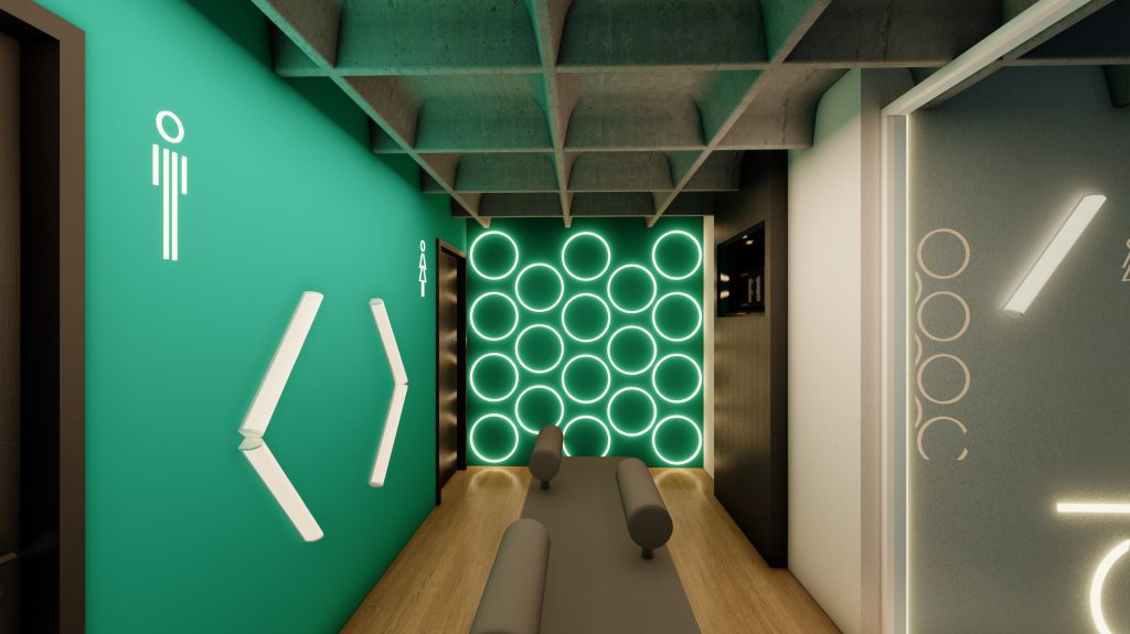 Imagem tridimensional apresentando o conceito de Área lounge e wcs no projeto Lobby Q43, localizado em Oeiras, Portugal.