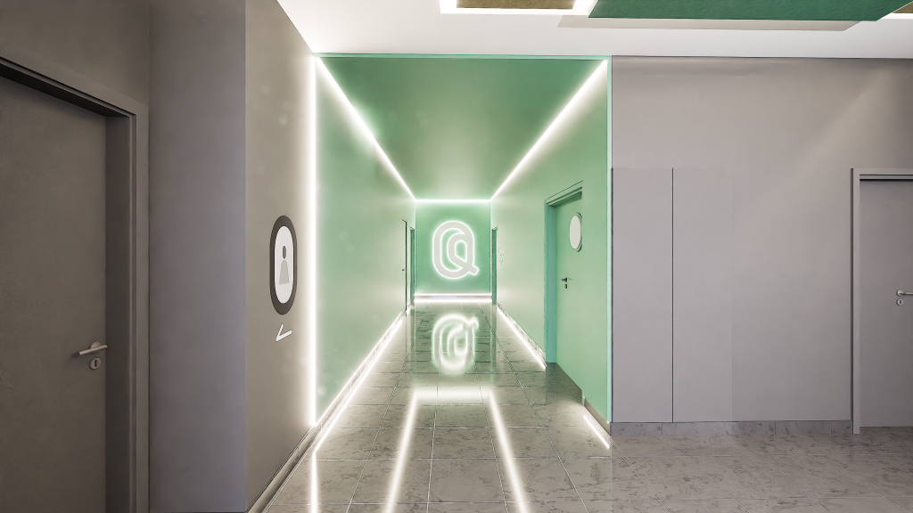 Imagem tridimensional apresentando o Corredor no projeto Lobby Q52, localizado em Oeiras, Portugal.