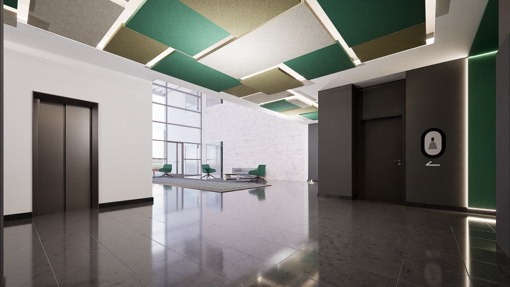 Imagem tridimensional apresentando a Vista do acesso aos elevadores e wc no projeto Lobby Q52, localizado em Oeiras, Portugal.
