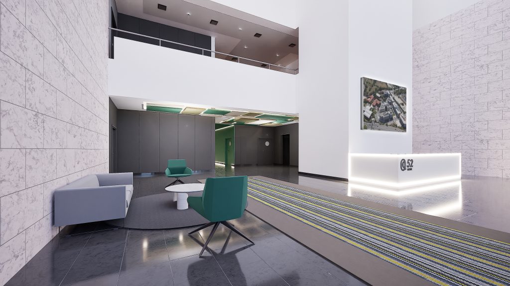 Imagem tridimensional apresentando a Vista da área lounge no projeto Lobby Q52, localizado em Oeiras, Portugal.
