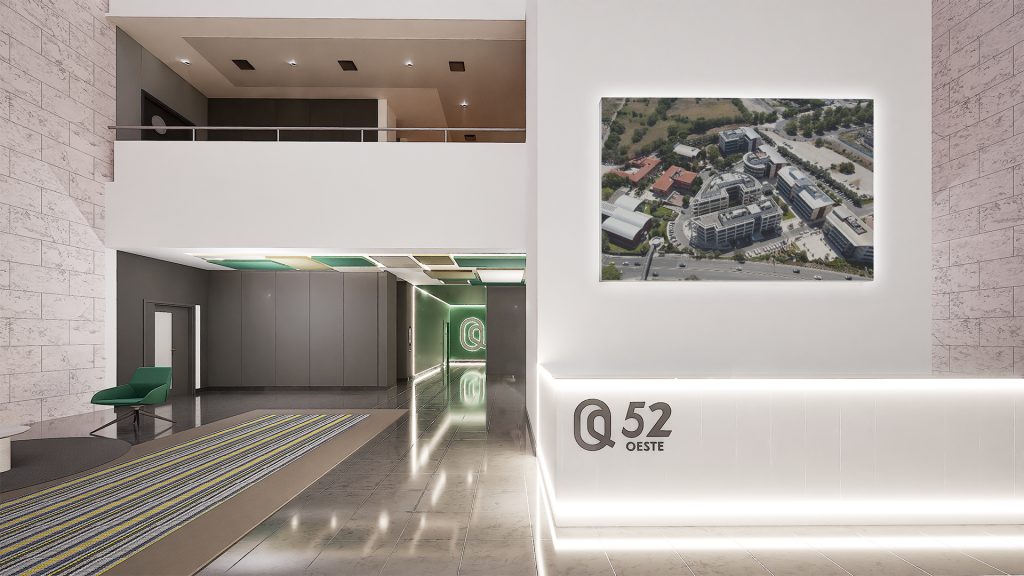 Imagem tridimensional apresentando a Vista geral da recepção no projeto Lobby Q52, localizado em Oeiras, Portugal.