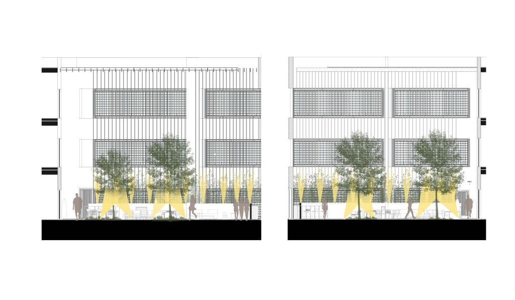 Cortes apresentando o Escala e proporções no projeto Pátio Q52, localizado em Oeiras, Portugal.