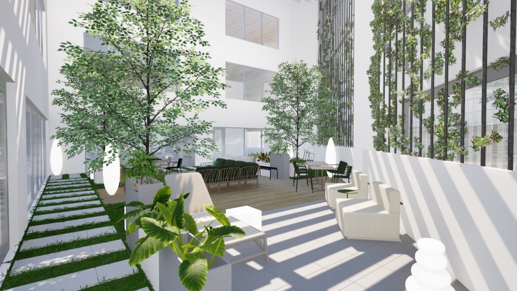 Imagem tridimensional apresentando a Vegetação e mobiliário no projeto Pátio Q52, localizado em Oeiras, Portugal.