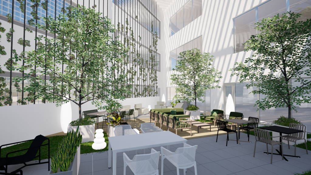 Imagem tridimensional apresentando o Jardim vertical e árvores no projeto Pátio Q52, localizado em Oeiras, Portugal.