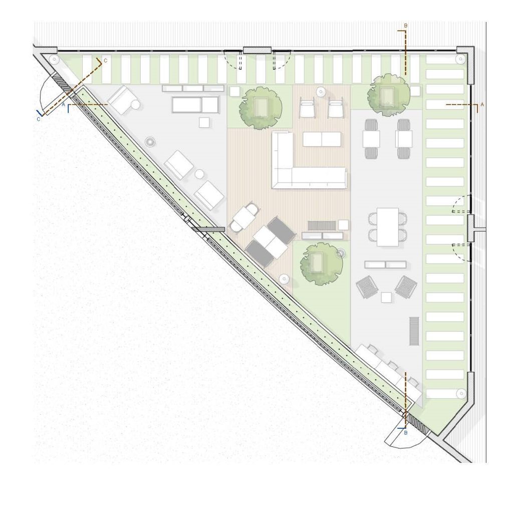Planta apresentando o Layout geral, mobiliário e acabamentos no projeto Pátio Q52, localizado em Oeiras, Portugal.