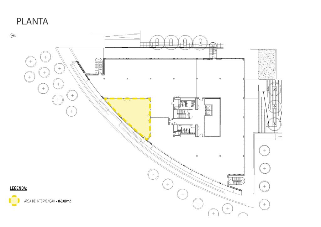 Planta apresentando o Área de intervenção no projeto Pátio Q52, localizado em Oeiras, Portugal.