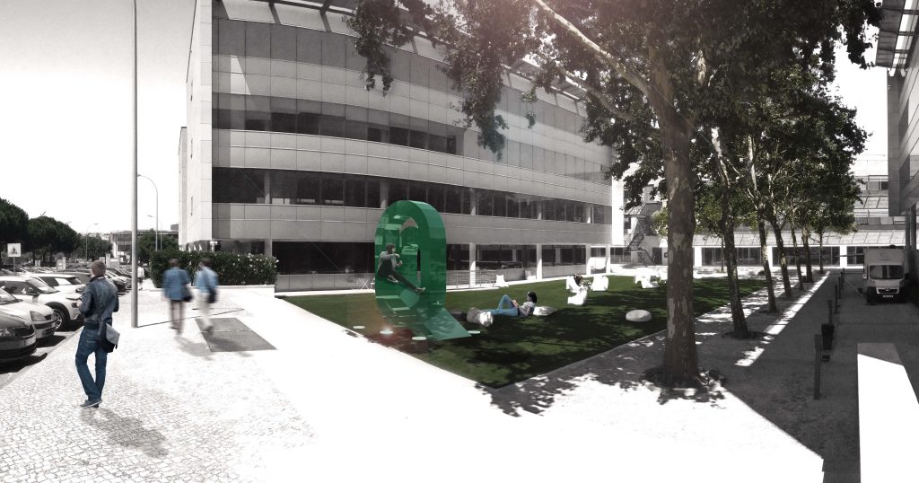 Fotomontagem apresentando a Composição sinalética Praça da Quinta diurna no projeto Narrativa Gráfica QDF, localizado em Quinta da Fonte, Oeiras, Portugal.