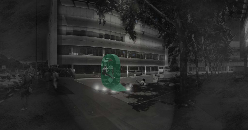 Fotomontagem apresentando a Composição sinalética Praça da Quinta noturna no projeto Narrativa Gráfica QDF, localizado em Quinta da Fonte, Oeiras, Portugal.
