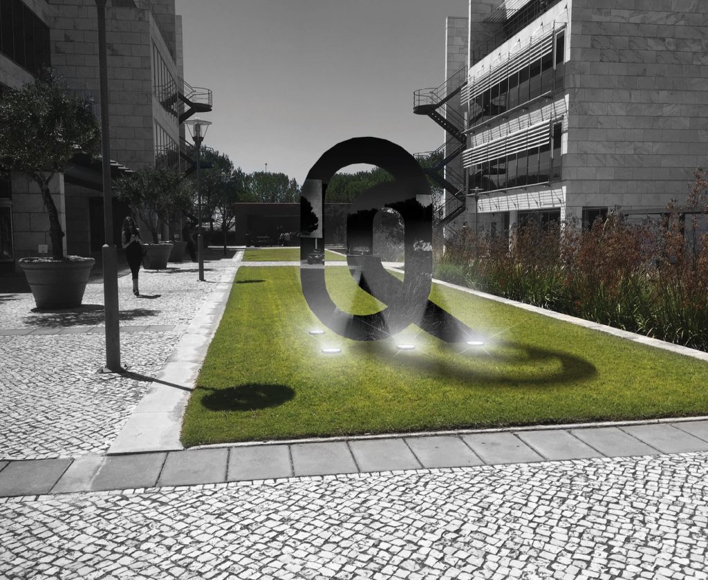 Fotomontagem apresentando a Composição Praça dos Pinheiros no projeto Narrativa Gráfica QDF, localizado em Quinta da Fonte, Oeiras, Portugal.