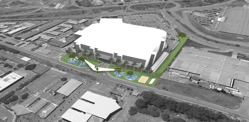 Axonometria apresentando a Proposta e envolvente urbana no projeto Shopping Boulevard | Rappi, localizado em Brasília, Brasil.