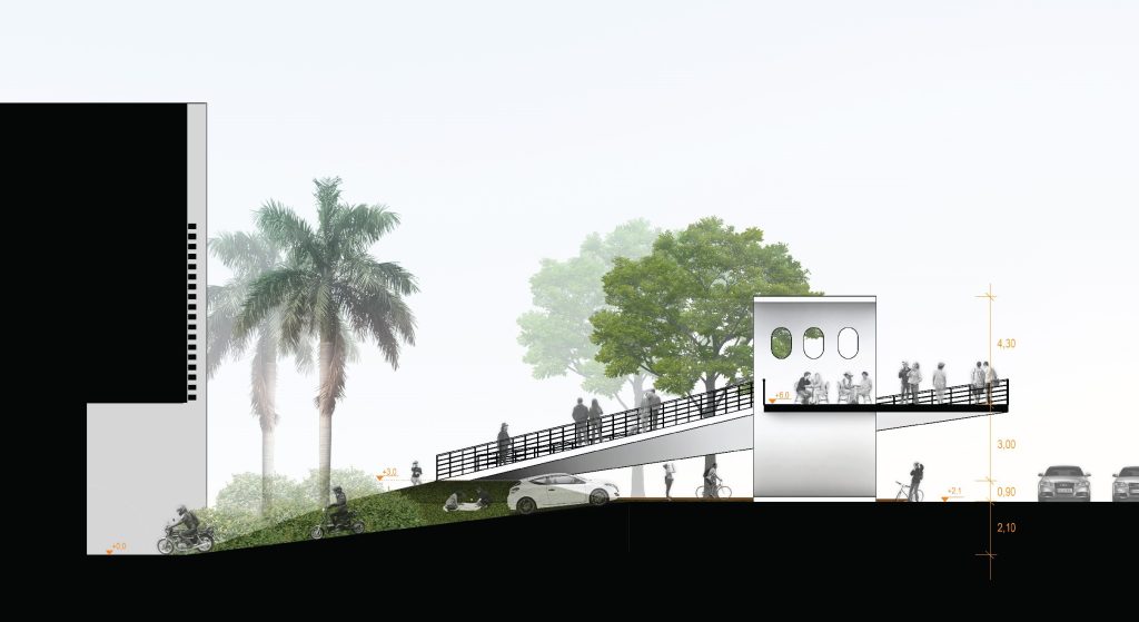 Corte apresentando a Ponte de travessia no projeto Shopping Boulevard | Rappi, localizado em Brasília, Brasil.