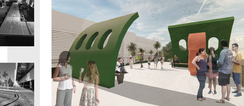 Imagem tridimensional apresentando a Rampa de travessia no projeto Shopping Boulevard | Rappi, localizado em Brasília, Brasil.