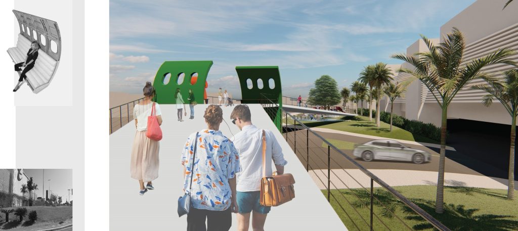 Imagem tridimensional apresentando a Rampa de travessia no projeto Shopping Boulevard | Rappi, localizado em Brasília, Brasil.