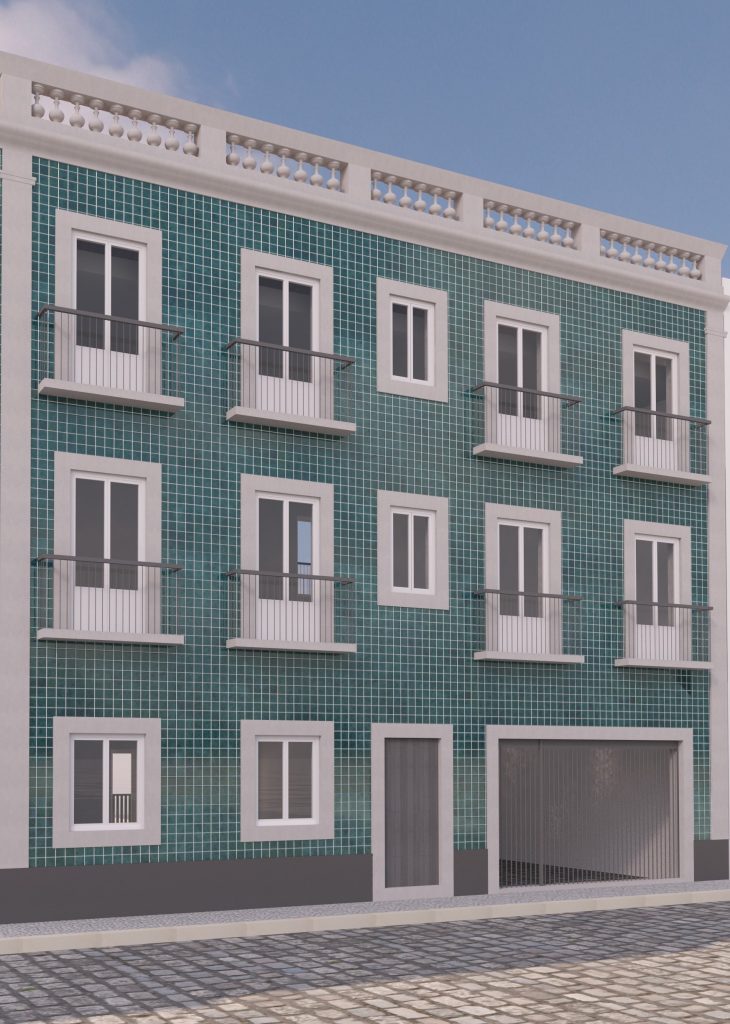 Imagem tridimensional apresentando a Proposta de acabamentos e cores para a fachada principal no projeto Santa Casa da Misericórdia, localizado em Lisboa, Portugal.