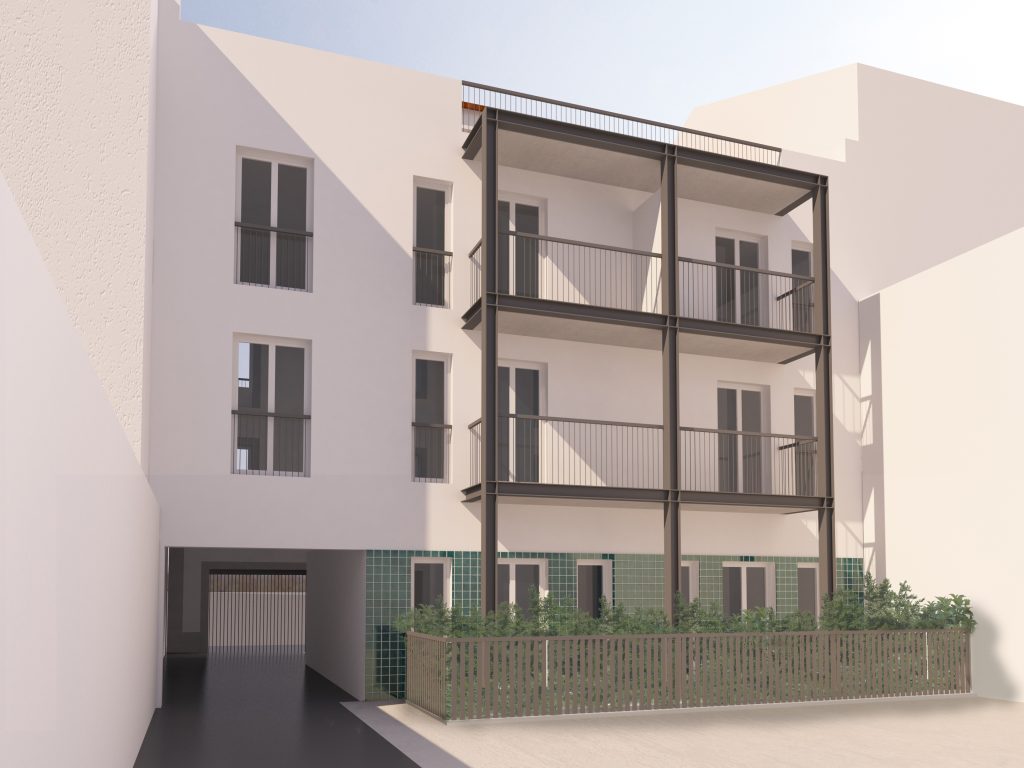Imagem tridimensional apresentando a Proposta de acabamentos e cores para a fachada tardoz no projeto Santa Casa da Misericórdia, localizado em Lisboa, Portugal.